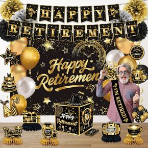 Happy Retirement Party Decorations for Men Women, Retirement Party Favors Well Wish and Advice Cards Banner Backdrop Honeycomb Centerpiece, Retirement Going Away Party Supplies（Black and Pink）