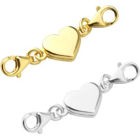 2pcs Heart Shaped Magnetic Clasps, Silver & Gold Double Bracelet Lobster Clasp Alloy Jewelry Chain Extender Necklace Closures for Jewelry Making DIY Accessories