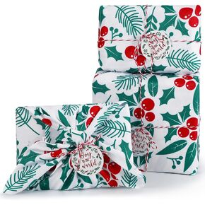 Preboun 3 Pcs 26'' Reusable Christmas Gift Wrap with Tags and Ropes Red Holly Green Foliage Reusable Fabric Gift Wrap Christmas Wrapping Cloth for Holiday Parties, Housewarming Gifts