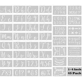 45 Pcs Plastic Cursive Letter Stencils for Painting, Reusable Fancy Alphabet Calligraphy Templates with Numbers, Signs, Patterns for DIY Arts Crafts Painting Wood