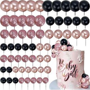 60pcs Rose Gold Black Balls Cake Topper Balloons Cupcake Topper DIY Cake Insert Topper Cake Balls Baking Decoration for Wedding Anniversary Birthday in Kuwait