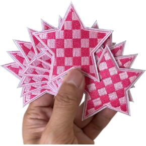 Set of 12 Pink Checkered Flag Star Western Cowgirl Southwest Iron On Embroidered Patches Appliques Machine Embroidery Jacket Denim Jeans Shirt Trucker Hat Cap Patch 2.75"x2.75"