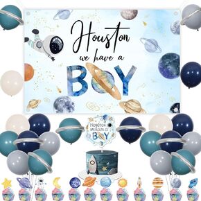 Outer Space Baby Shower Decorations for Boy, Space Astronaut Cupcake Toppers, Houston We Have a Boy Baby Shower Backdrop Galaxy Balloons for Sky Planet Baby Shower