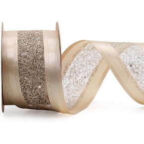LaRibbons Glitter Wired Ribbon 2.5 Inch Wide 10 Yard Champagne Gold Metallic Mesh Satin Ribbon for Christmas Tree Garland, Wreath Bow, Craft,Gift Wrapping, Home Decor