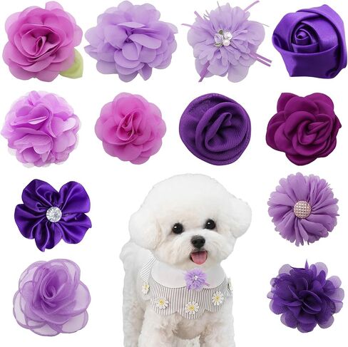 12 PCS Purple Dog Flowers Flowers Cat Flower Flower Flower Sofmishenment مع زخرفة قابلة للفصل مع فرقة مطاطية مرنة سحر ربطة عنق الشيفون للحيوانات الأليفة حفلات عيد ميلاد حفلات الزفاف in Kuwait