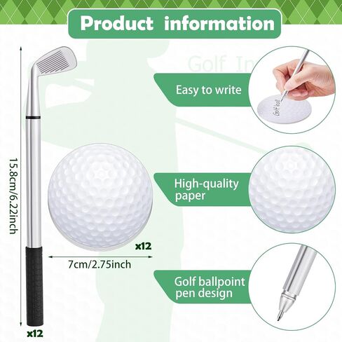 Estune 12 Pcs Ballpoint Pens and 12 Pads Sticky Notes Cool Party Favors Mini Decorative Pens Funny Sports Club Props Black Gel Ink for Office Coworkers (Golf Style, Silver, Black) in Kuwait
