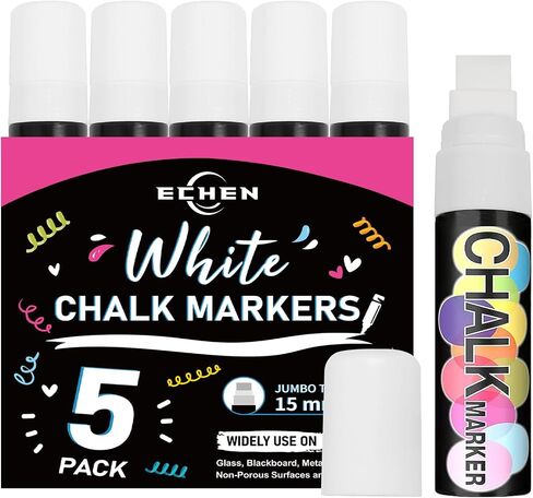 5 Pack Washable Window Markers for Cars, 15mm White Jumbo Liquid Chalk Markers, 3 in 1 Nib, Metallic & Neon Paint Glass Pen for Auto, Chalkboard, Blackboard, Bistro, Menus and Any Non-Porous Surface in Saudi Arabia