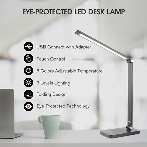 mafiti LED Desk Lamp for Home Office,Touch Desk Light 5 Light Modes 3 Brightness,Foldable Table Lamp with Adjustable Arm,Eye-Caring Lamp with USB Port, Bedside Lamp for Working Reading Study,Black in Saudi Arabia