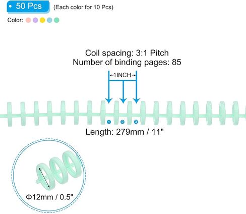 PATIKIL 12mm(1/2") Plastic Spiral Binding Coils, 50 Pcs Set Binding Spirals 85 Sheet Capacity 3:1 Pitch Binding Spirals for Binding Paper Sheets, Multicolor in Kuwait