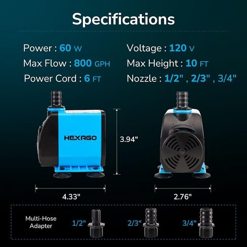 800GPH Submersible Pump, Ultra Quiet Water Fountain Pump with 10ft. High Lift, 6ft. Power Cord, 3 Nozzles for Fish Tank, Pond, Aquarium, Statuary, Hydroponics. in Kuwait