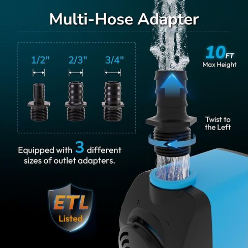 800GPH Submersible Pump, Ultra Quiet Water Fountain Pump with 10ft. High Lift, 6ft. Power Cord, 3 Nozzles for Fish Tank, Pond, Aquarium, Statuary, Hydroponics. in Kuwait