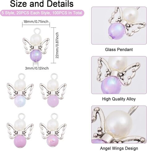 CHGCRAFT Angel Wing Charms Angel Pendant Beads Acrylic Alloy Pendant with Iron Findings Round Antique Silver Platinum Decorations for DIY Jewelry Making Necklace Keychain Crafts in Kuwait