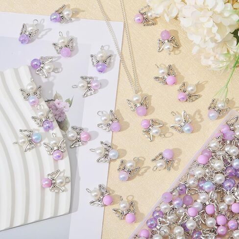 CHGCRAFT Angel Wing Charms Angel Pendant Beads Acrylic Alloy Pendant with Iron Findings Round Antique Silver Platinum Decorations for DIY Jewelry Making Necklace Keychain Crafts in Kuwait