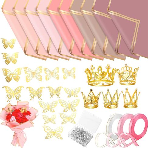 218 Pcs Flower Bouquet Wrapping Paper Kits, 50 Sheets Pink Series Waterproof Floral Wrapping Paper 60 Gold Butterfly 100 Flower Pins 5 Gold Crowns 3 Rolls Ribbon for Wedding Birthday Party in Saudi Arabia