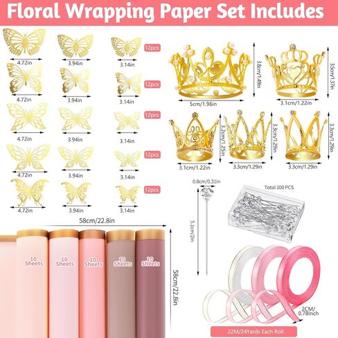 218 Pcs Flower Bouquet Wrapping Paper Kits, 50 Sheets Pink Series Waterproof Floral Wrapping Paper 60 Gold Butterfly 100 Flower Pins 5 Gold Crowns 3 Rolls Ribbon for Wedding Birthday Party in Saudi Arabia