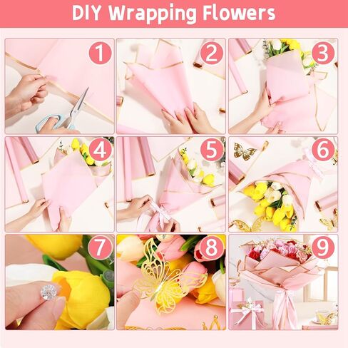 218 Pcs Flower Bouquet Wrapping Paper Kits, 50 Sheets Pink Series Waterproof Floral Wrapping Paper 60 Gold Butterfly 100 Flower Pins 5 Gold Crowns 3 Rolls Ribbon for Wedding Birthday Party in Saudi Arabia