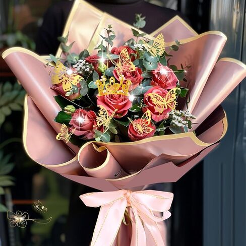 218 Pcs Flower Bouquet Wrapping Paper Kits, 50 Sheets Pink Series Waterproof Floral Wrapping Paper 60 Gold Butterfly 100 Flower Pins 5 Gold Crowns 3 Rolls Ribbon for Wedding Birthday Party in Saudi Arabia