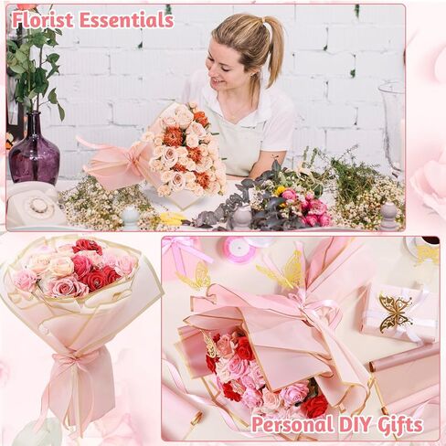 218 Pcs Flower Bouquet Wrapping Paper Kits, 50 Sheets Pink Series Waterproof Floral Wrapping Paper 60 Gold Butterfly 100 Flower Pins 5 Gold Crowns 3 Rolls Ribbon for Wedding Birthday Party in Saudi Arabia
