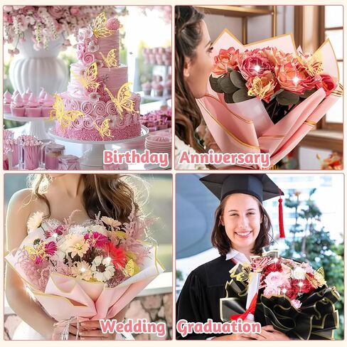 218 Pcs Flower Bouquet Wrapping Paper Kits, 50 Sheets Pink Series Waterproof Floral Wrapping Paper 60 Gold Butterfly 100 Flower Pins 5 Gold Crowns 3 Rolls Ribbon for Wedding Birthday Party in Saudi Arabia