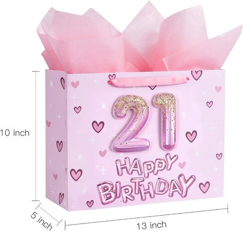 Loveinside 13th Birthday Gift Bag for Girls, Pink 3D Number 13 Balloons and Hearts Design, Medium Size Bag with Tissue Paper, Tag, Greeting Card, Ideal for Birthday Celebration, 10" x 5" x 13", 1 Pcs in Saudi Arabia