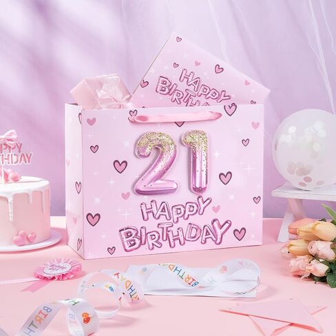 Loveinside 13th Birthday Gift Bag for Girls, Pink 3D Number 13 Balloons and Hearts Design, Medium Size Bag with Tissue Paper, Tag, Greeting Card, Ideal for Birthday Celebration, 10" x 5" x 13", 1 Pcs in Saudi Arabia