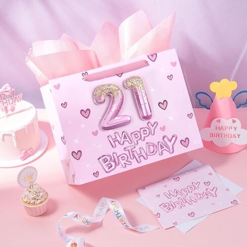 Loveinside 13th Birthday Gift Bag for Girls, Pink 3D Number 13 Balloons and Hearts Design, Medium Size Bag with Tissue Paper, Tag, Greeting Card, Ideal for Birthday Celebration, 10" x 5" x 13", 1 Pcs in Saudi Arabia