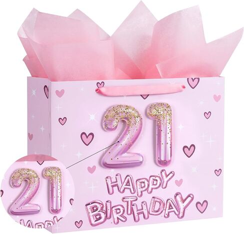Loveinside 13th Birthday Gift Bag for Girls, Pink 3D Number 13 Balloons and Hearts Design, Medium Size Bag with Tissue Paper, Tag, Greeting Card, Ideal for Birthday Celebration, 10" x 5" x 13", 1 Pcs in Saudi Arabia