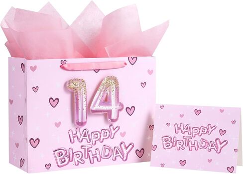 Loveinside 13th Birthday Gift Bag for Girls, Pink 3D Number 13 Balloons and Hearts Design, Medium Size Bag with Tissue Paper, Tag, Greeting Card, Ideal for Birthday Celebration, 10" x 5" x 13", 1 Pcs in Saudi Arabia