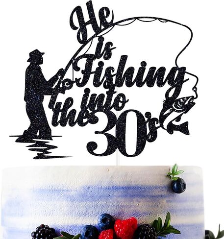 Black Glitter He is Fishing into the 30's Cake Topper, Happy 40th Birthday/Cheers to 40 Years/40 Years Loved & Blessed, Fishing Themed 40th Birthday Party Decorations Supplies in Saudi Arabia