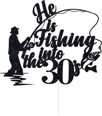 Black Glitter He is Fishing into the 30's Cake Topper, Happy 40th Birthday/Cheers to 40 Years/40 Years Loved & Blessed, Fishing Themed 40th Birthday Party Decorations Supplies in Saudi Arabia