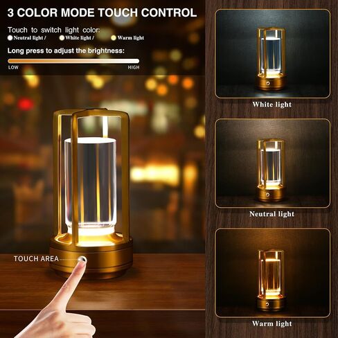 Portable Metal Table Lamp,Cordless Table Lamp,Battery Operated, 3 Light Colors, for Restaurant/Bedroom/Bars/Outdoor Party/Camping/Coffee Shop Atmosphere Night Light (Gold) in Saudi Arabia