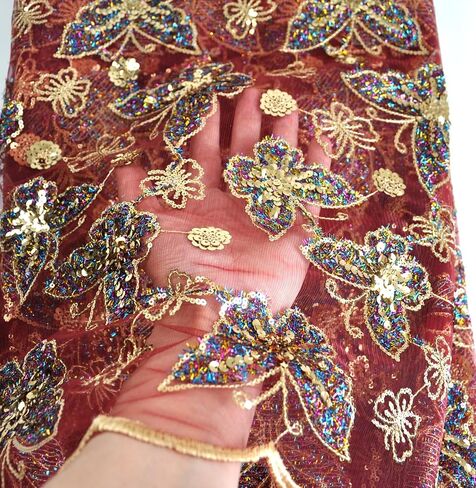 Sanvera17 African Fabric Sequins Rope Assored Net Fabrics Batterfly Battern Base Color (Pink) for Party Dress 5 Yards in Kuwait