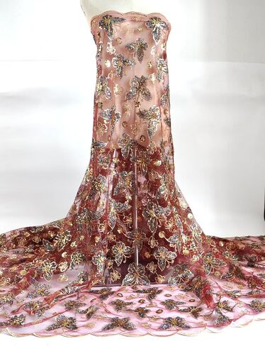 Sanvera17 African Fabric Sequins Rope Assored Net Fabrics Batterfly Battern Base Color (Pink) for Party Dress 5 Yards in Kuwait