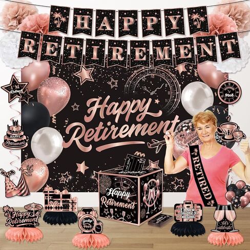 Happy Retirement Party Decorations for Men Women, Retirement Party Favors Well Wish and Advice Cards Banner Backdrop Honeycomb Centerpiece, Retirement Going Away Party Supplies（Black and Pink） in Saudi Arabia