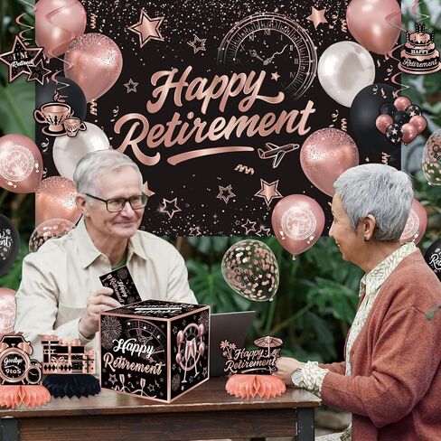 Happy Retirement Party Decorations for Men Women, Retirement Party Favors Well Wish and Advice Cards Banner Backdrop Honeycomb Centerpiece, Retirement Going Away Party Supplies（Black and Pink） in Saudi Arabia