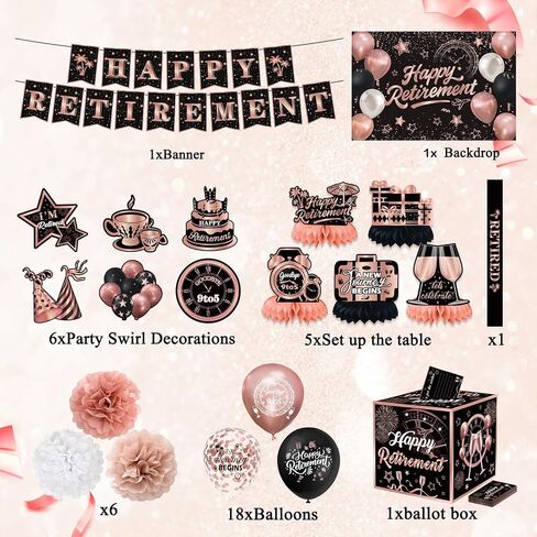 Happy Retirement Party Decorations for Men Women, Retirement Party Favors Well Wish and Advice Cards Banner Backdrop Honeycomb Centerpiece, Retirement Going Away Party Supplies（Black and Pink） in Saudi Arabia