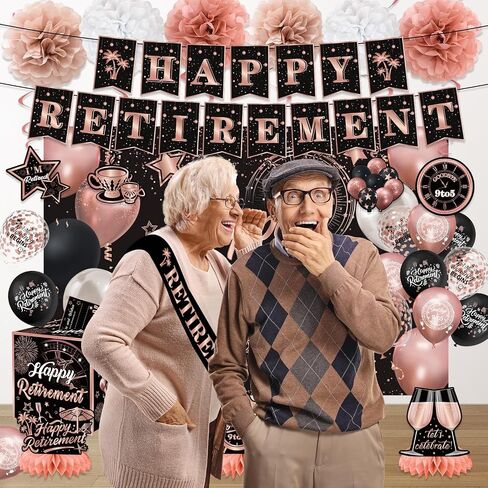 Happy Retirement Party Decorations for Men Women, Retirement Party Favors Well Wish and Advice Cards Banner Backdrop Honeycomb Centerpiece, Retirement Going Away Party Supplies（Black and Pink） in Saudi Arabia