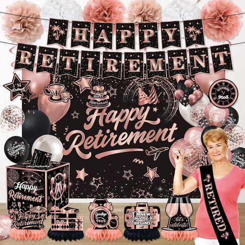 Happy Retirement Party Decorations for Men Women, Retirement Party Favors Well Wish and Advice Cards Banner Backdrop Honeycomb Centerpiece, Retirement Going Away Party Supplies（Black and Pink） in Saudi Arabia