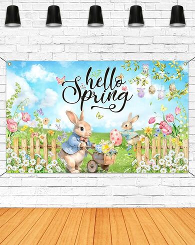 Mocsicka Hello Spring Backdrop Easter Party Banner Greenery Spring Festival Easter Photo Backdrop Colorful Happy Easter Party Decorations Supplies Banner (Greenery, 70.8x43.3 inch) in Kuwait