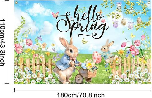 Mocsicka Hello Spring Backdrop Easter Party Banner Greenery Spring Festival Easter Photo Backdrop Colorful Happy Easter Party Decorations Supplies Banner (Greenery, 70.8x43.3 inch) in Kuwait