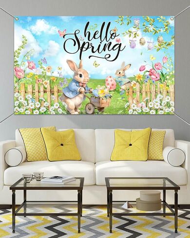 Mocsicka Hello Spring Backdrop Easter Party Banner Greenery Spring Festival Easter Photo Backdrop Colorful Happy Easter Party Decorations Supplies Banner (Greenery, 70.8x43.3 inch) in Kuwait