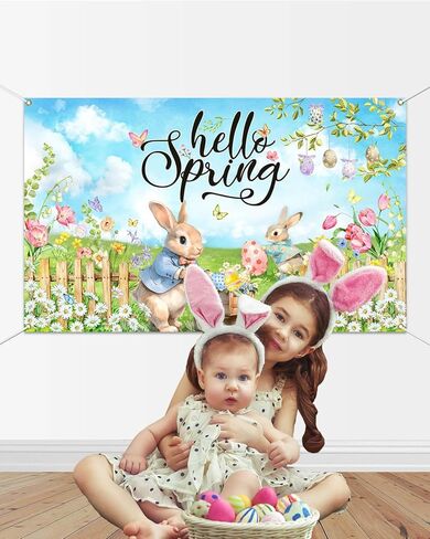 Mocsicka Hello Spring Backdrop Easter Party Banner Greenery Spring Festival Easter Photo Backdrop Colorful Happy Easter Party Decorations Supplies Banner (Greenery, 70.8x43.3 inch) in Kuwait