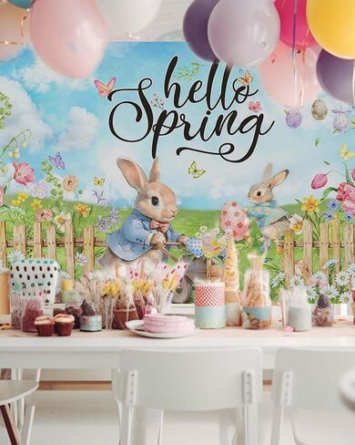 Mocsicka Hello Spring Backdrop Easter Party Banner Greenery Spring Festival Easter Photo Backdrop Colorful Happy Easter Party Decorations Supplies Banner (Greenery, 70.8x43.3 inch) in Kuwait