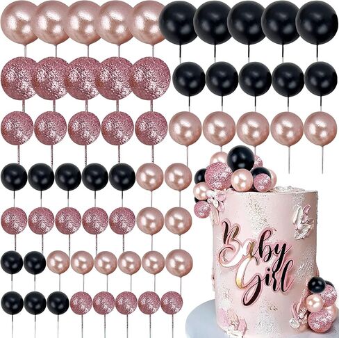 60pcs Rose Gold Black Balls Cake Topper Balloons Cupcake Topper DIY Cake Insert Topper Cake Balls Baking Decoration for Wedding Anniversary Birthday in Kuwait