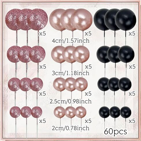 60pcs Rose Gold Black Balls Cake Topper Balloons Cupcake Topper DIY Cake Insert Topper Cake Balls Baking Decoration for Wedding Anniversary Birthday in Kuwait