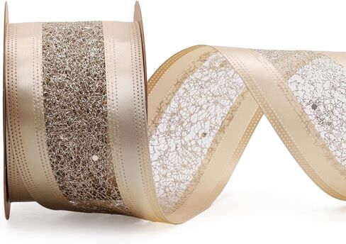 LaRibbons Glitter Wired Ribbon 2.5 Inch Wide 10 Yard Champagne Gold Metallic Mesh Satin Ribbon for Christmas Tree Garland, Wreath Bow, Craft,Gift Wrapping, Home Decor in Saudi Arabia