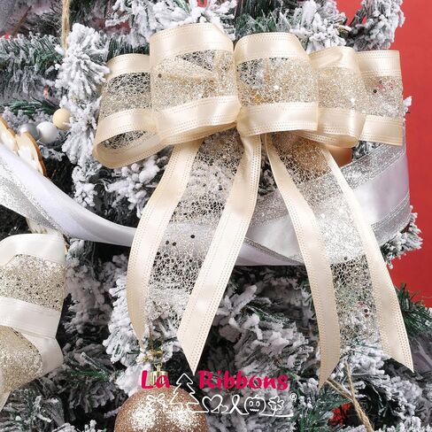 LaRibbons Glitter Wired Ribbon 2.5 Inch Wide 10 Yard Champagne Gold Metallic Mesh Satin Ribbon for Christmas Tree Garland, Wreath Bow, Craft,Gift Wrapping, Home Decor in Saudi Arabia