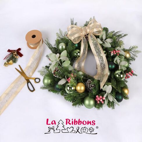LaRibbons Glitter Wired Ribbon 2.5 Inch Wide 10 Yard Champagne Gold Metallic Mesh Satin Ribbon for Christmas Tree Garland, Wreath Bow, Craft,Gift Wrapping, Home Decor in Saudi Arabia
