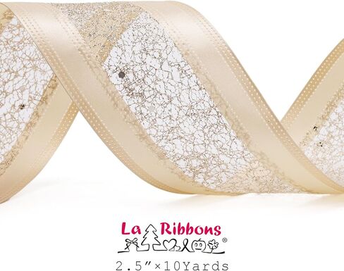 LaRibbons Glitter Wired Ribbon 2.5 Inch Wide 10 Yard Champagne Gold Metallic Mesh Satin Ribbon for Christmas Tree Garland, Wreath Bow, Craft,Gift Wrapping, Home Decor in Saudi Arabia