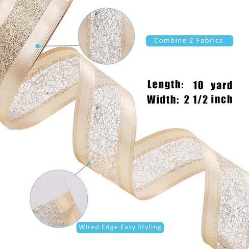 LaRibbons Glitter Wired Ribbon 2.5 Inch Wide 10 Yard Champagne Gold Metallic Mesh Satin Ribbon for Christmas Tree Garland, Wreath Bow, Craft,Gift Wrapping, Home Decor in Saudi Arabia